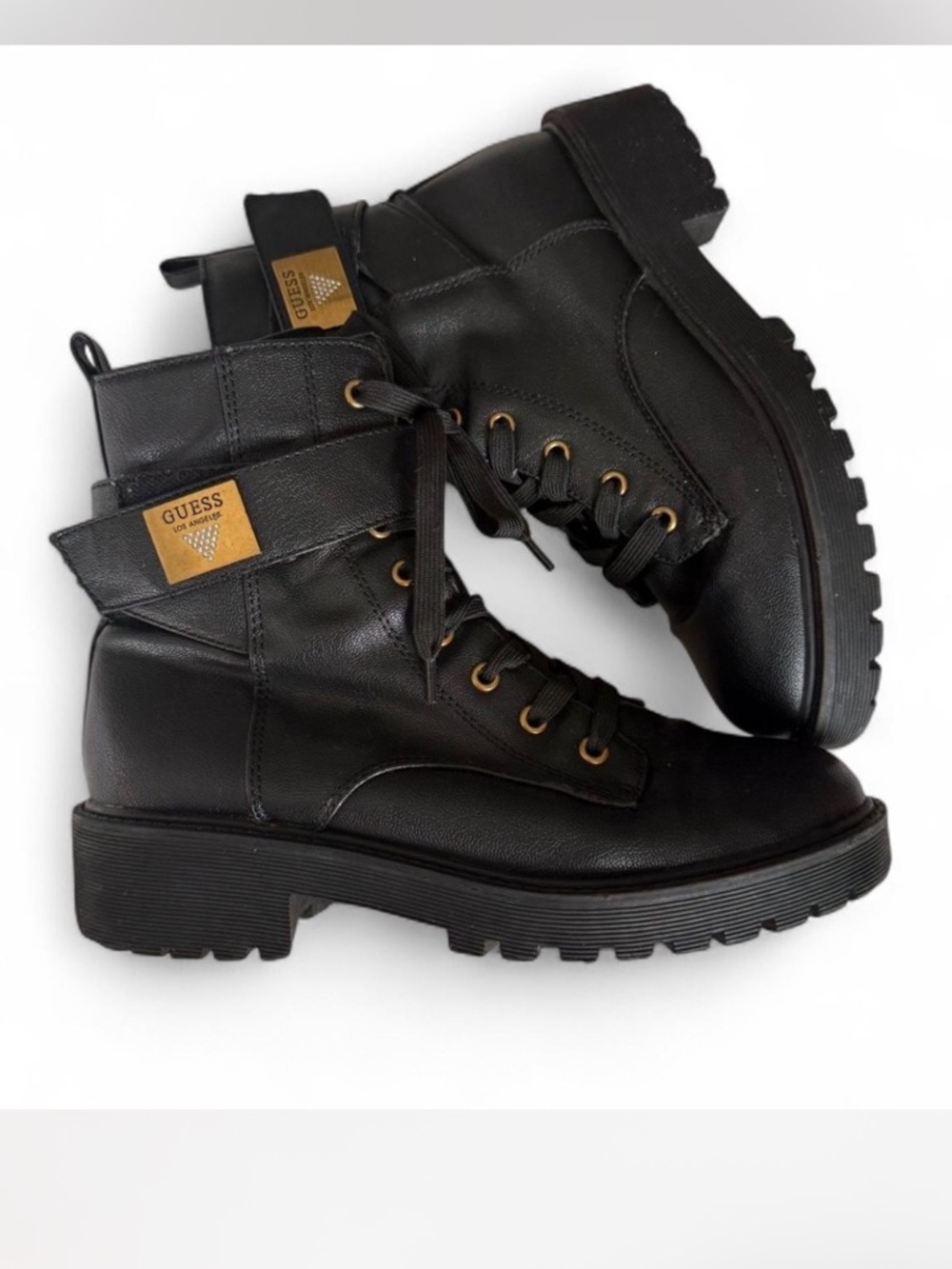 GUESS Black Lace-Up Lug Boots with Gold Logo Patch